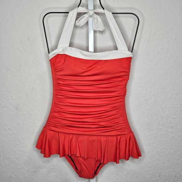 Lauren Ralph Lauren Red One Piece Swimsuit Halter Ruched Skirted Retro Size 6 - Picture 1 of 5